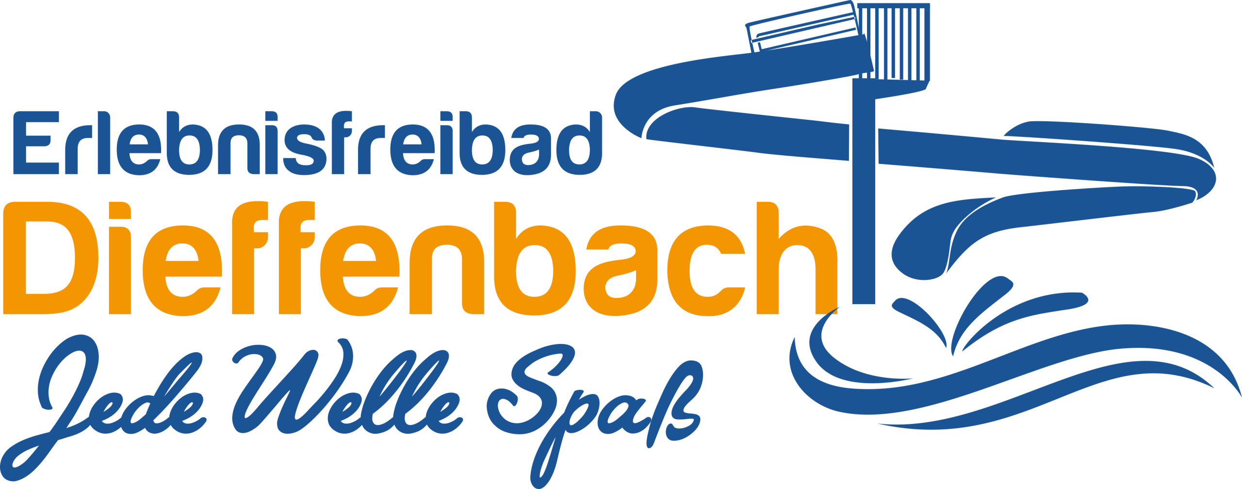 Logo des Erlebnisfreibads Dieffenbach. Oben links steht in blauer Schrift "Erlebnisfreibad", darunter in großer orangefarbener Schrift "Dieffenbach". Unten steht in geschwungener blauer Schrift "Jede Welle Spaß". Rechts neben dem Text ist eine stilisierte blaue Wasserrutsche mit Wasserspritzern dargestellt.